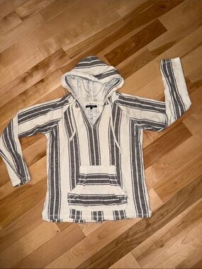 Ladies white and navy Striped Hooded Baja Sweater Jacket S NWOT Raw  Hem